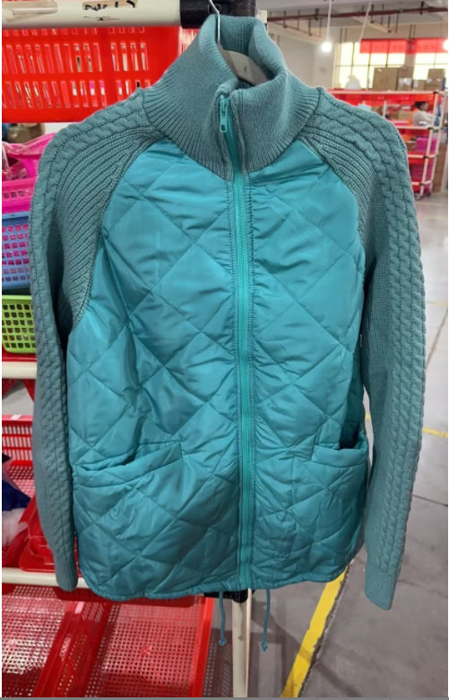 Women’s Quilted Knit Sleeve Zip Jacket Stand Collar Coat