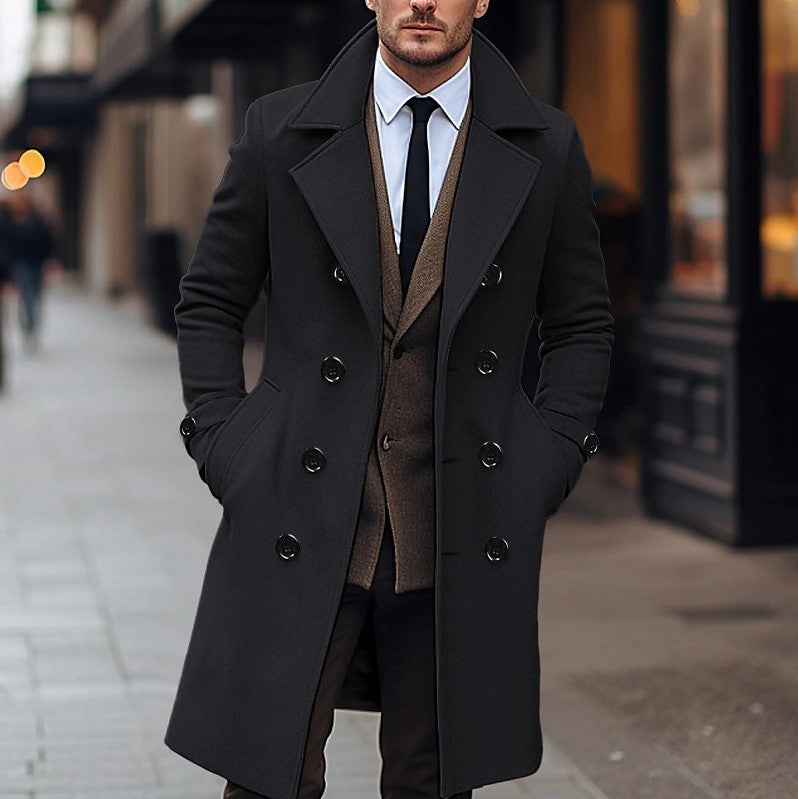 Men’s Double Breasted Wool Long Coat for Fall & Winter