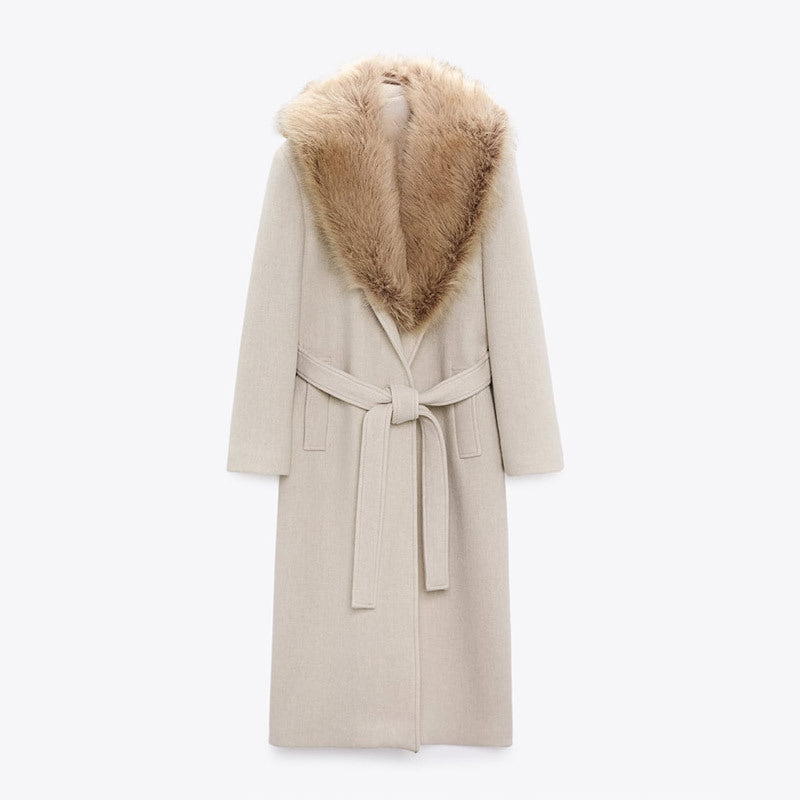 Fur Collar Long Woolen Coat for Women Winter Wear