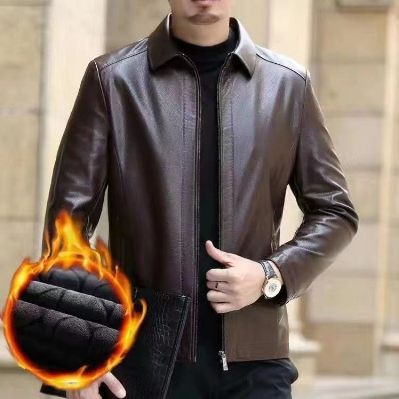 Men’s Fleece-Lined Genuine Leather Jacket with Stand Collar