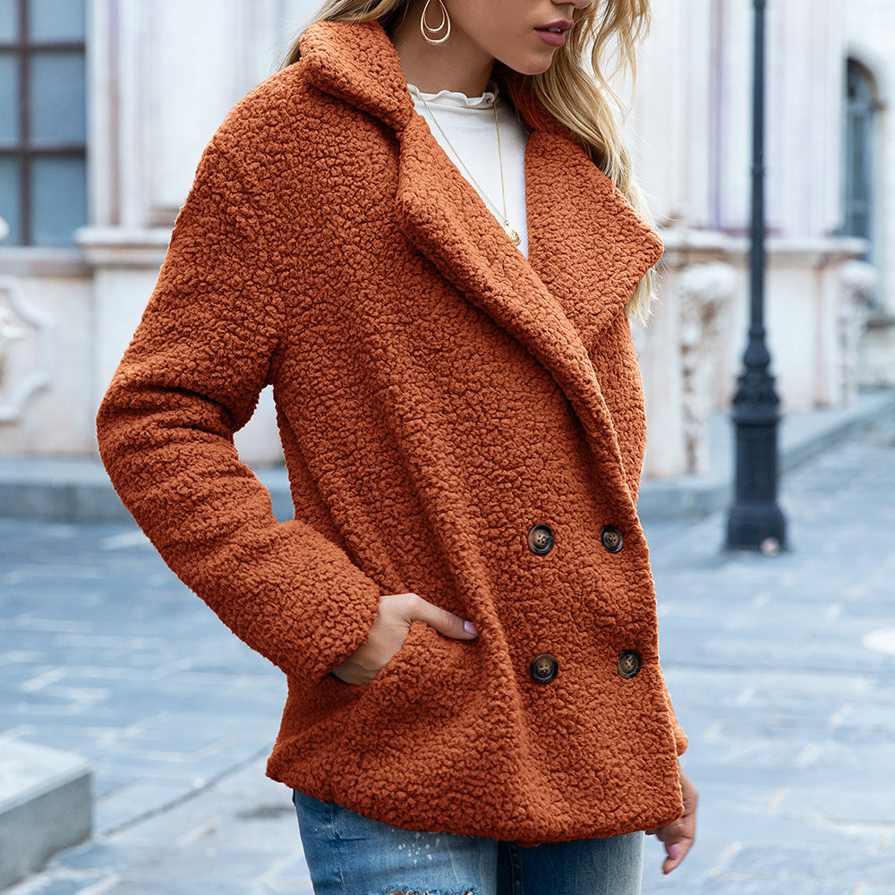 Women’s Fluffy Teddy Lapel Button Coat Jacket - Loose Fit