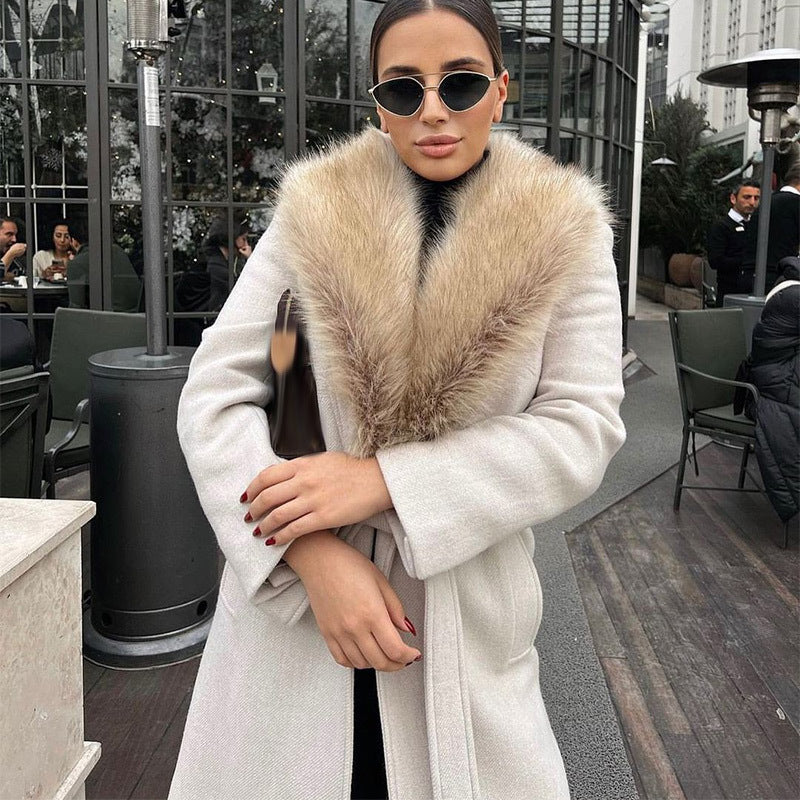 Fur Collar Long Woolen Coat for Women Winter Wear