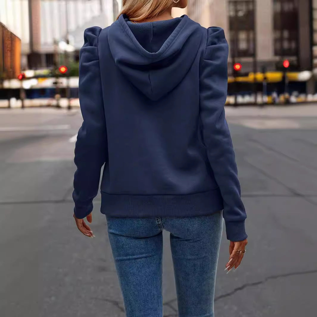 Women’s Puff Sleeve Hoodie Pullover Solid Color Sweatshirt