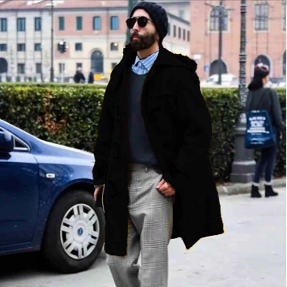 Men’s Retro Hooded Wool Trench Coat with Horn Buttons