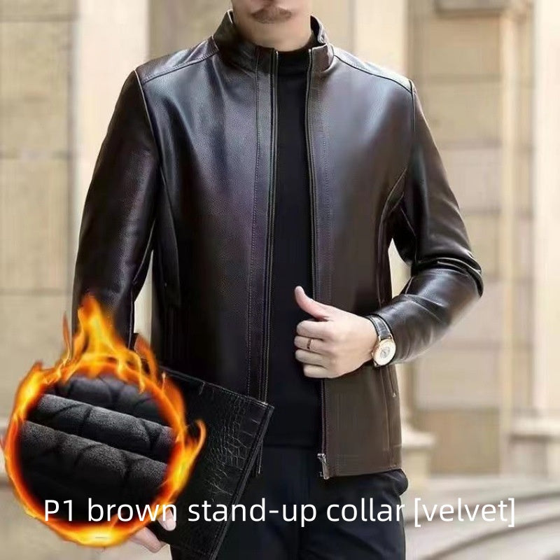 Men’s Fleece-Lined Genuine Leather Jacket with Stand Collar