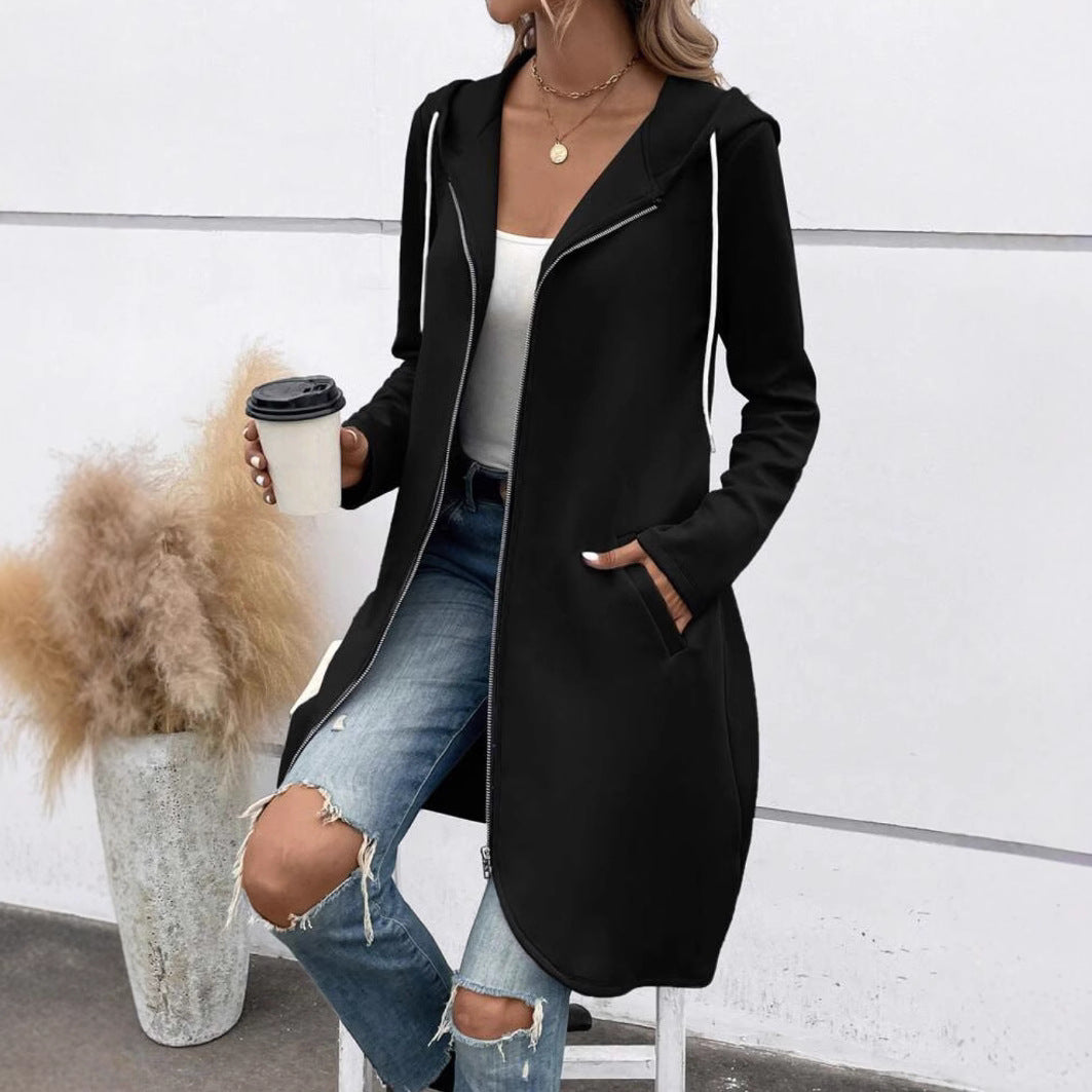 Women’s Hooded Long Zip-Up Cardigan Coat with Pockets
