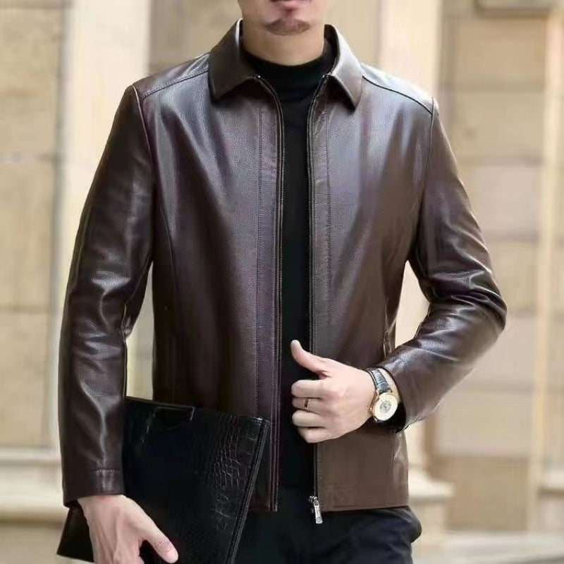 Men’s Fleece-Lined Genuine Leather Jacket with Stand Collar