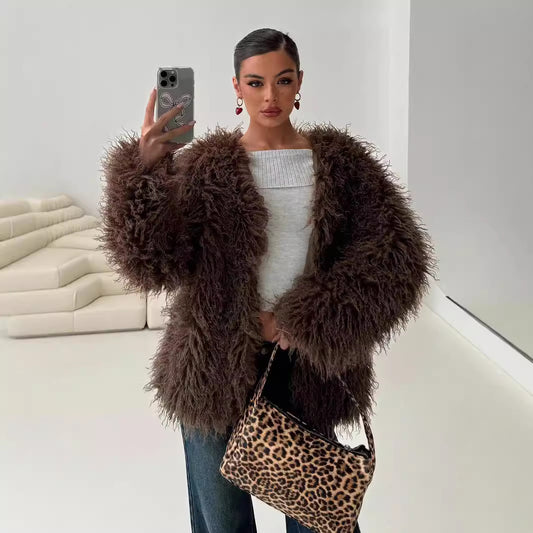 Women’s Shaggy Faux Fur Jacket Cozy Long Sleeve Streetwear