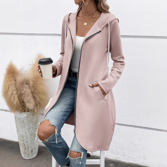 Women’s Hooded Long Zip-Up Cardigan Coat with Pockets