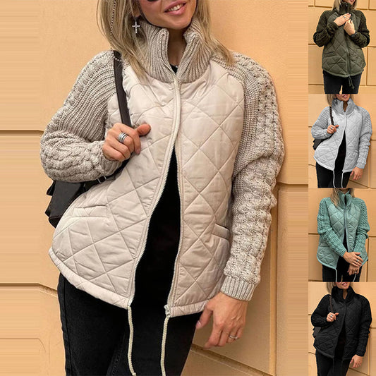 Women’s Quilted Knit Sleeve Zip Jacket Stand Collar Coat