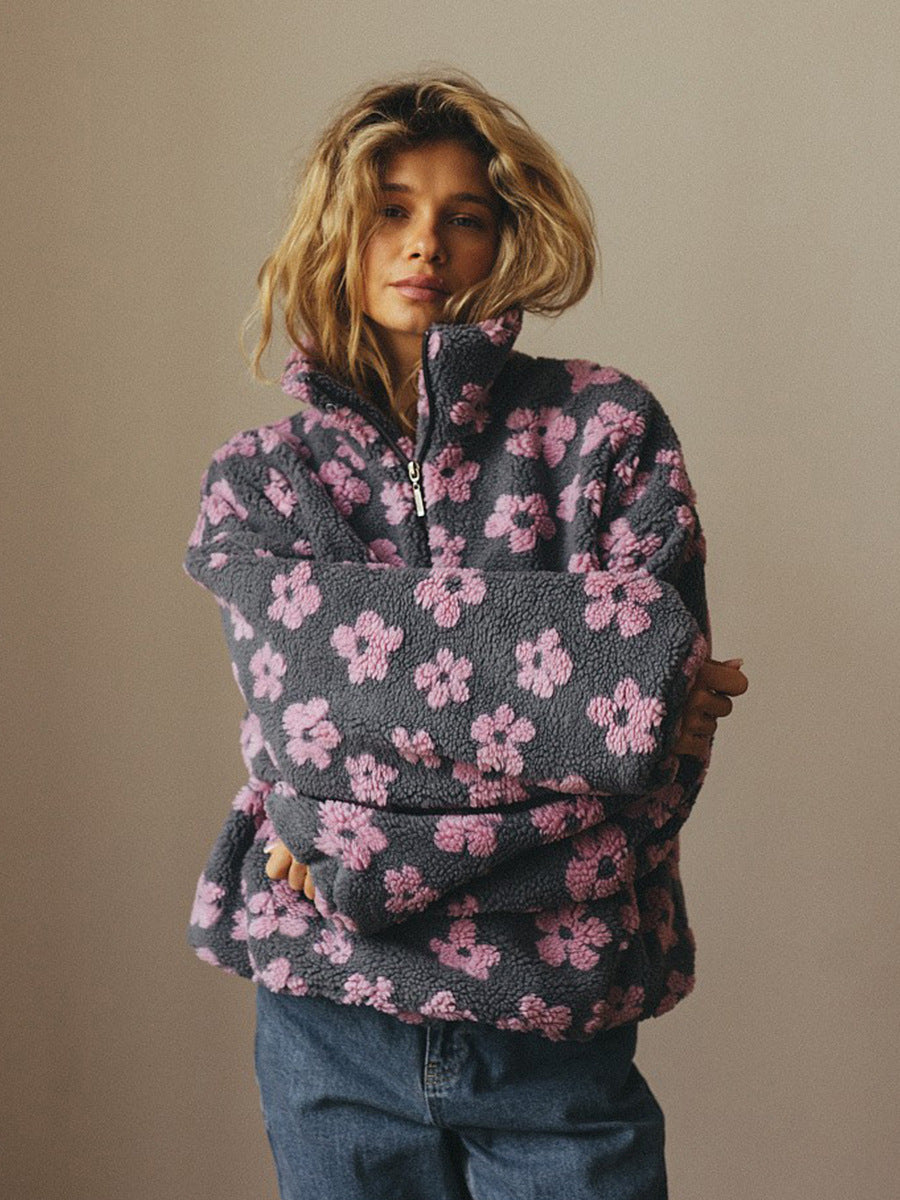 Women’s Floral Sherpa Half-Zip Cozy Sweatshirt with Pocket