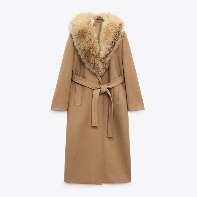 Fur Collar Long Woolen Coat for Women Winter Wear