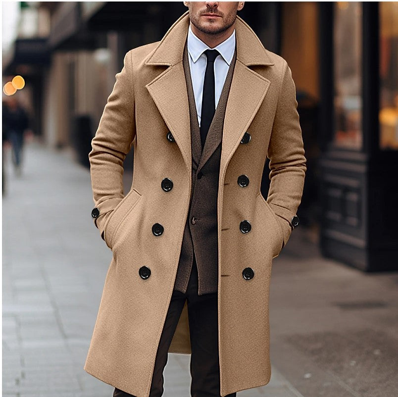Men’s Double Breasted Wool Long Coat for Fall & Winter