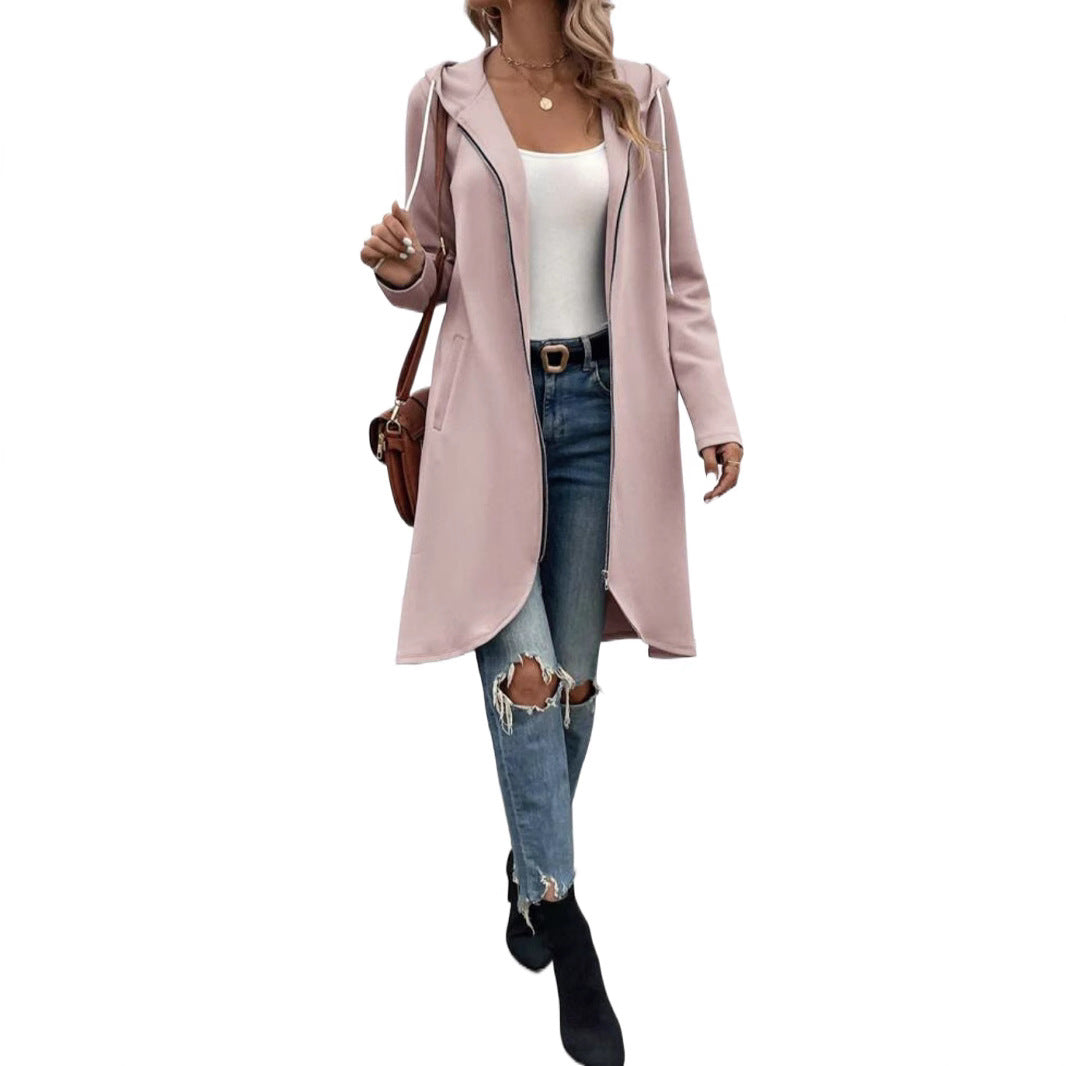 Women’s Hooded Long Zip-Up Cardigan Coat with Pockets