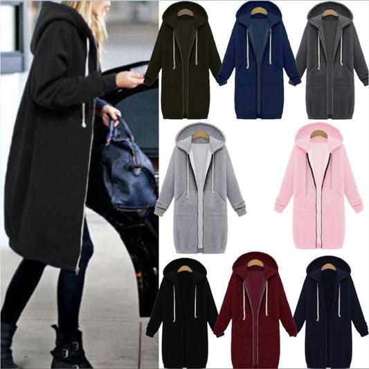 Women’s Long Hooded Zip-Up Fleece Hoodie Coat with Pockets