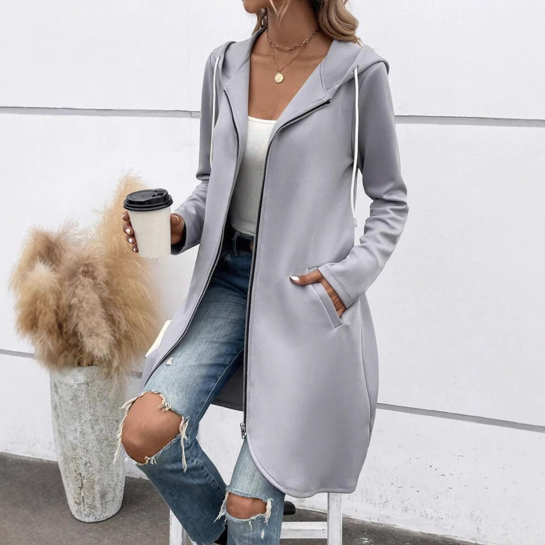 Women’s Hooded Long Zip-Up Cardigan Coat with Pockets