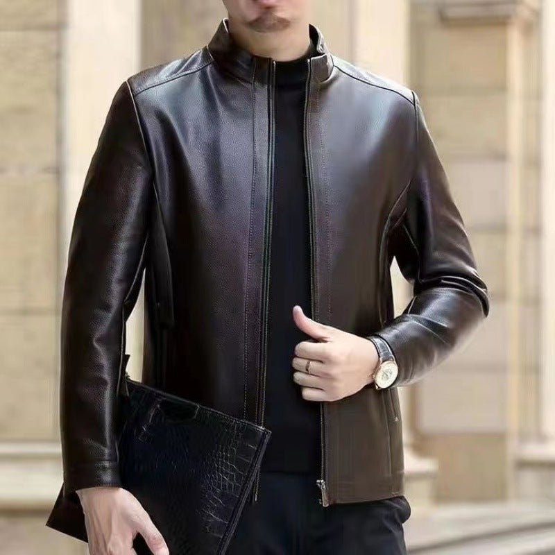 Men’s Fleece-Lined Genuine Leather Jacket with Stand Collar