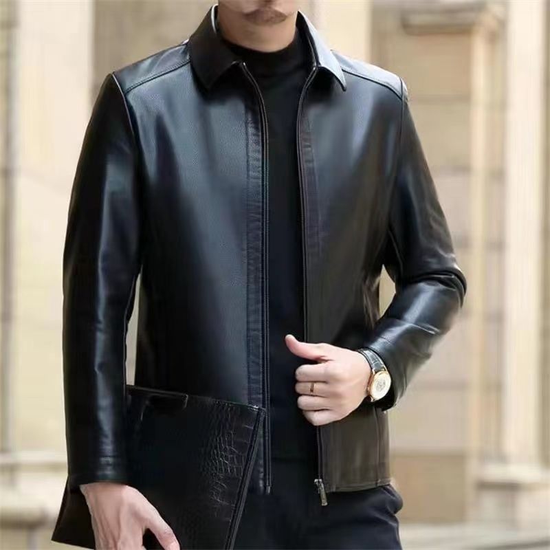 Men’s Fleece-Lined Genuine Leather Jacket with Stand Collar