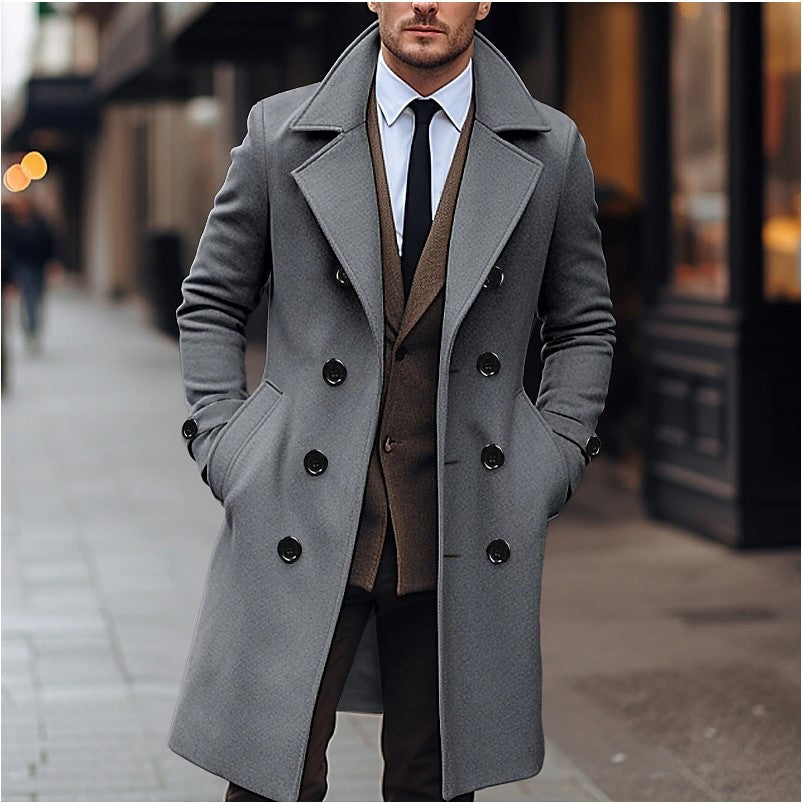 Men’s Double Breasted Wool Long Coat for Fall & Winter