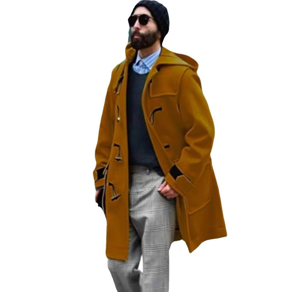 Men’s Retro Hooded Wool Trench Coat with Horn Buttons