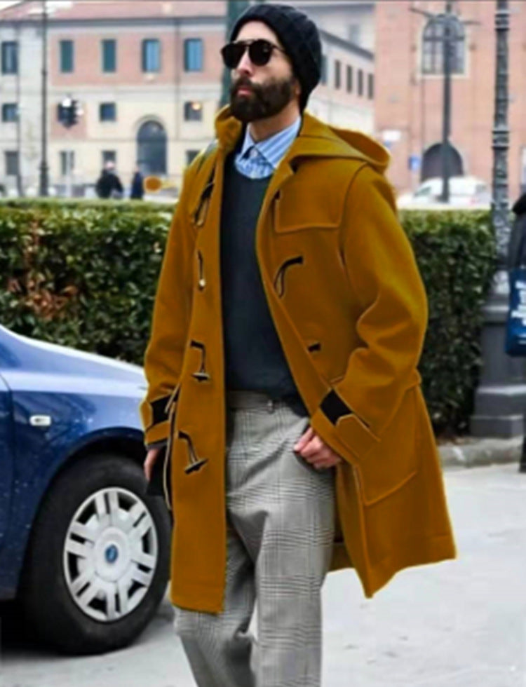 Men’s Retro Hooded Wool Trench Coat with Horn Buttons