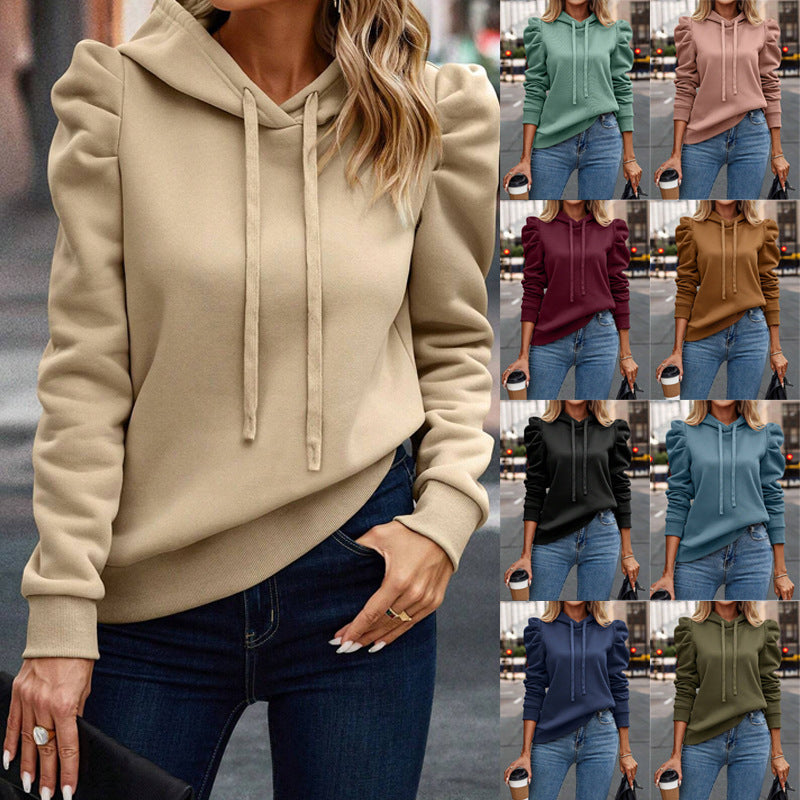 Women’s Puff Sleeve Hoodie Pullover Solid Color Sweatshirt