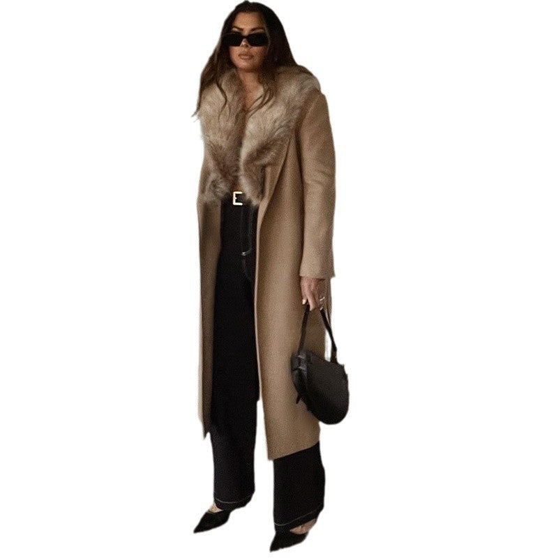 Fur Collar Long Woolen Coat for Women Winter Wear