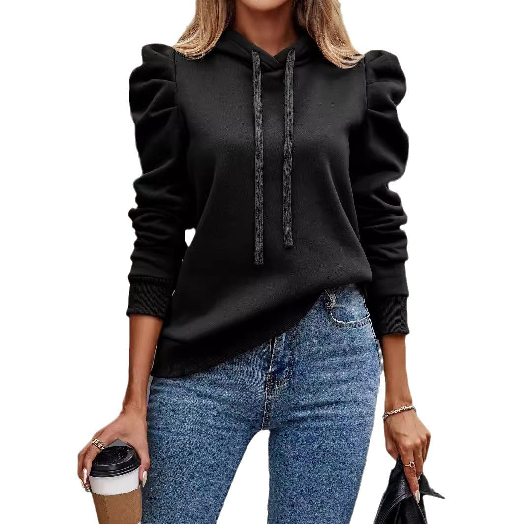 Women’s Puff Sleeve Hoodie Pullover Solid Color Sweatshirt